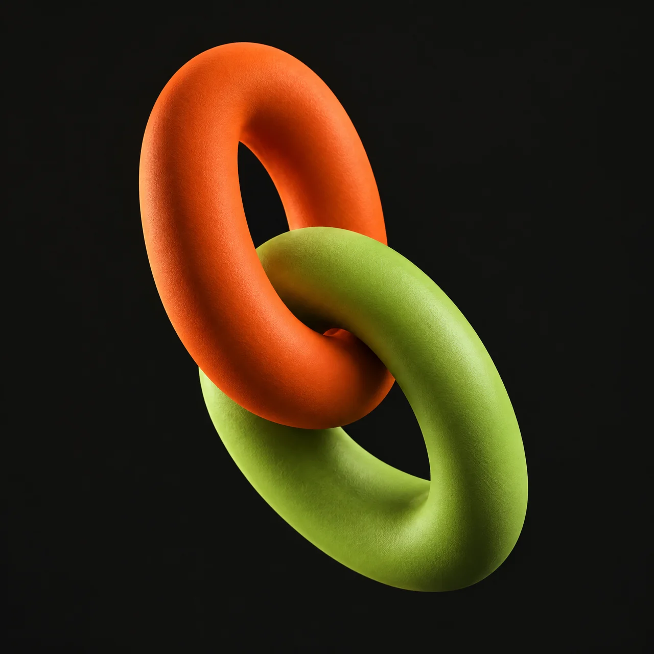 Sculptural orange and green interlocking loops representing connected growth